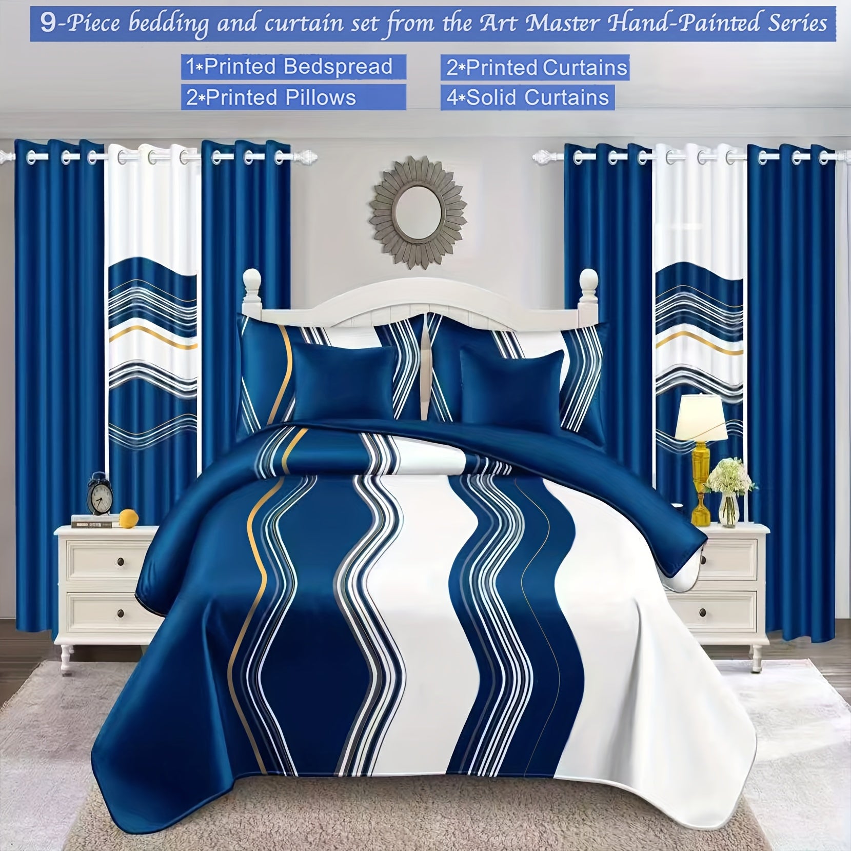 Summer New Bedding and Curtains Set, 9pcs, American Style Series, 1 Bedspread, 2 Pillowcases, 4 Solid Color Curtains, 2 Printed Curtains, Suitable for All Seasons, Ideal as a Gift for Friends, Wedding Present, Holiday Gift, Suitable for RV, Bedroom