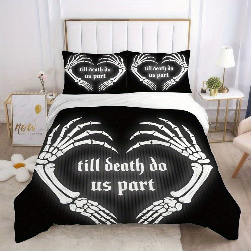 Set of 3 Gothic Skeleton Hand Heart Duvet Cover, Skull Bedding with The Theme 'Till Death Do Us Part', Black And White Halloween Style Bed, Soft Microfiber Bedroom Decoration, Perfect Romantic Gift for Couples (Includes 1 Duvet Cover And 2 Pillowcases)