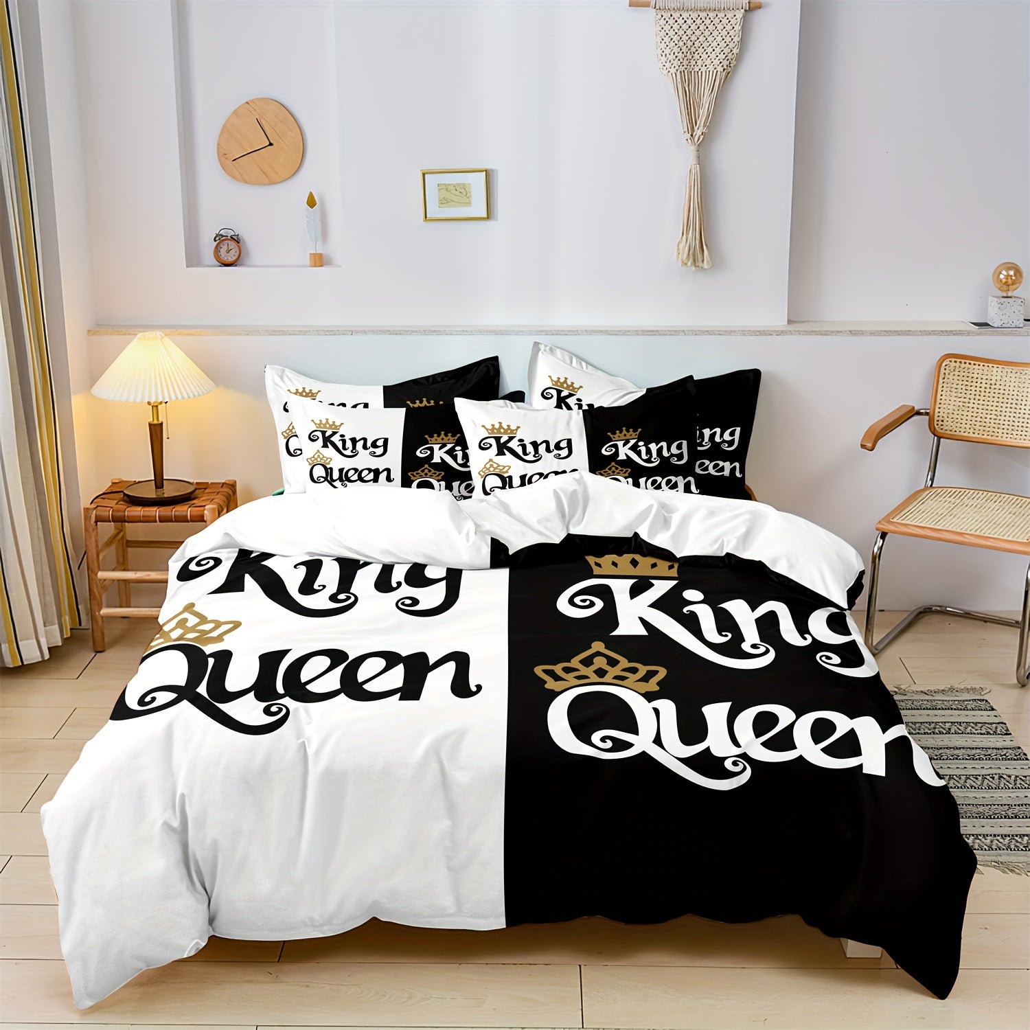 Black And White Bedding Set with Queen & King Letter Pattern Printed on The Duvet Cover And Pillowcases.