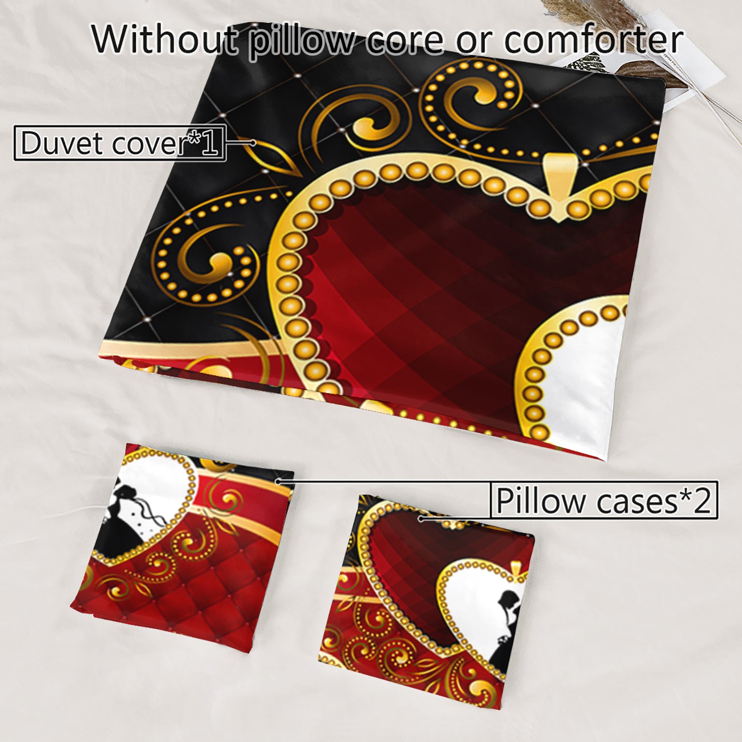 3pcs Romantic Couple Hearts 3D Digital Printed Duvet Cover Set Wedding Bedding Set for Four Season Red Bedding for Bedroom or Guest Room Decor Polyester Comforter Cover Gift 1 Quilt Cover+2 Pillowcases