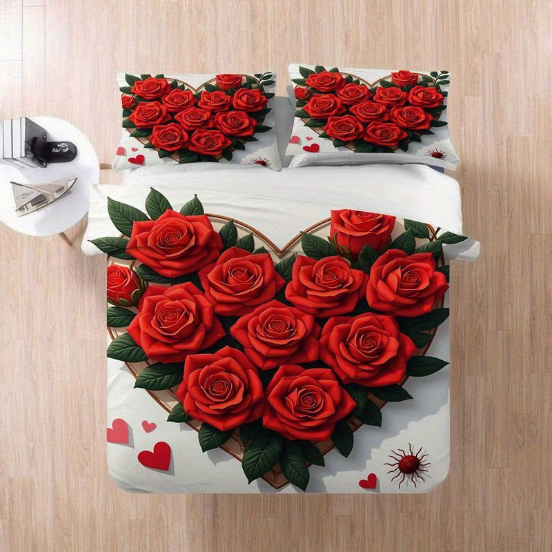 3pcs Red Rose Heart Pattern Bedding Romantic Floral Design, Modern Love Theme Duvet Cover with Pillowcases, Soft Microfiber Fabric for Master Bedroom Home Decor, Valentine's Day Wedding Gift 1 Duvet Cover+2 Pillowcases, Home Decoration, Bedroom Decor,
