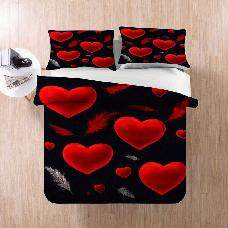 3pcs Romantic Heart Pattern Duvet Cover Bedding, Valentine Love Red Hearts Black Background Comforter with Pillowcases, Soft Breathable Microfiber Fabric, Modern Bedroom Decor for Couples Master Room (1 + 2 Pillow Cases)