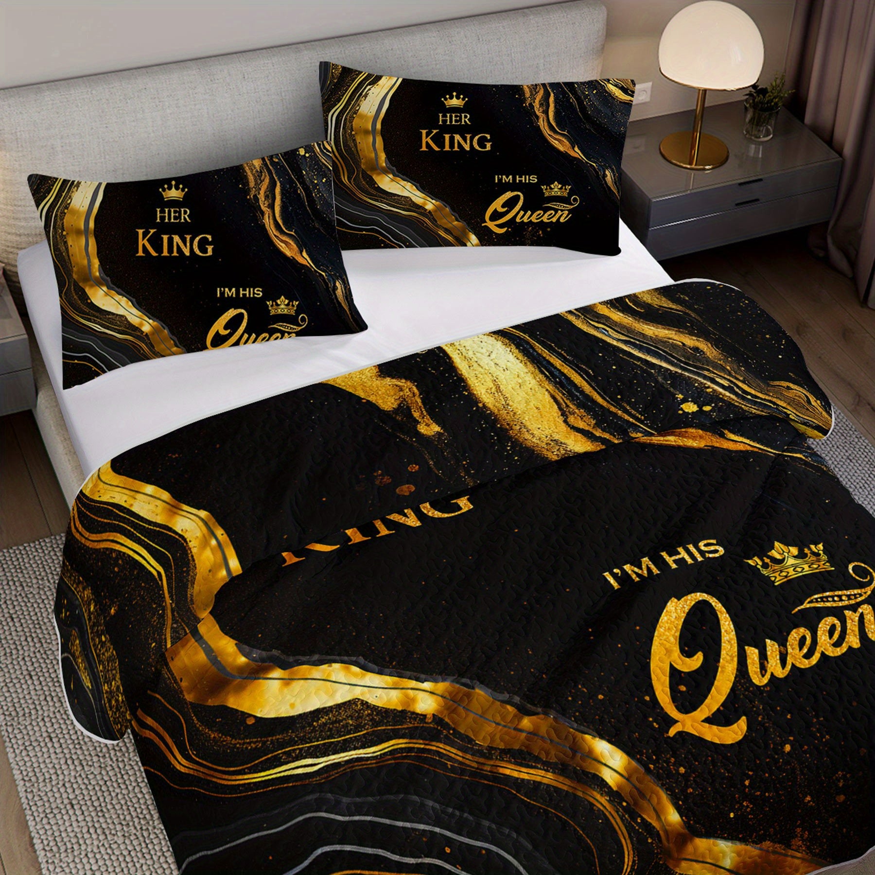 3pcs King Queen Bed cover setLuxury Golden Marble Quilt SetCouple Bedroom Decor Four Seasons (1Quilt+2Pillowcase)