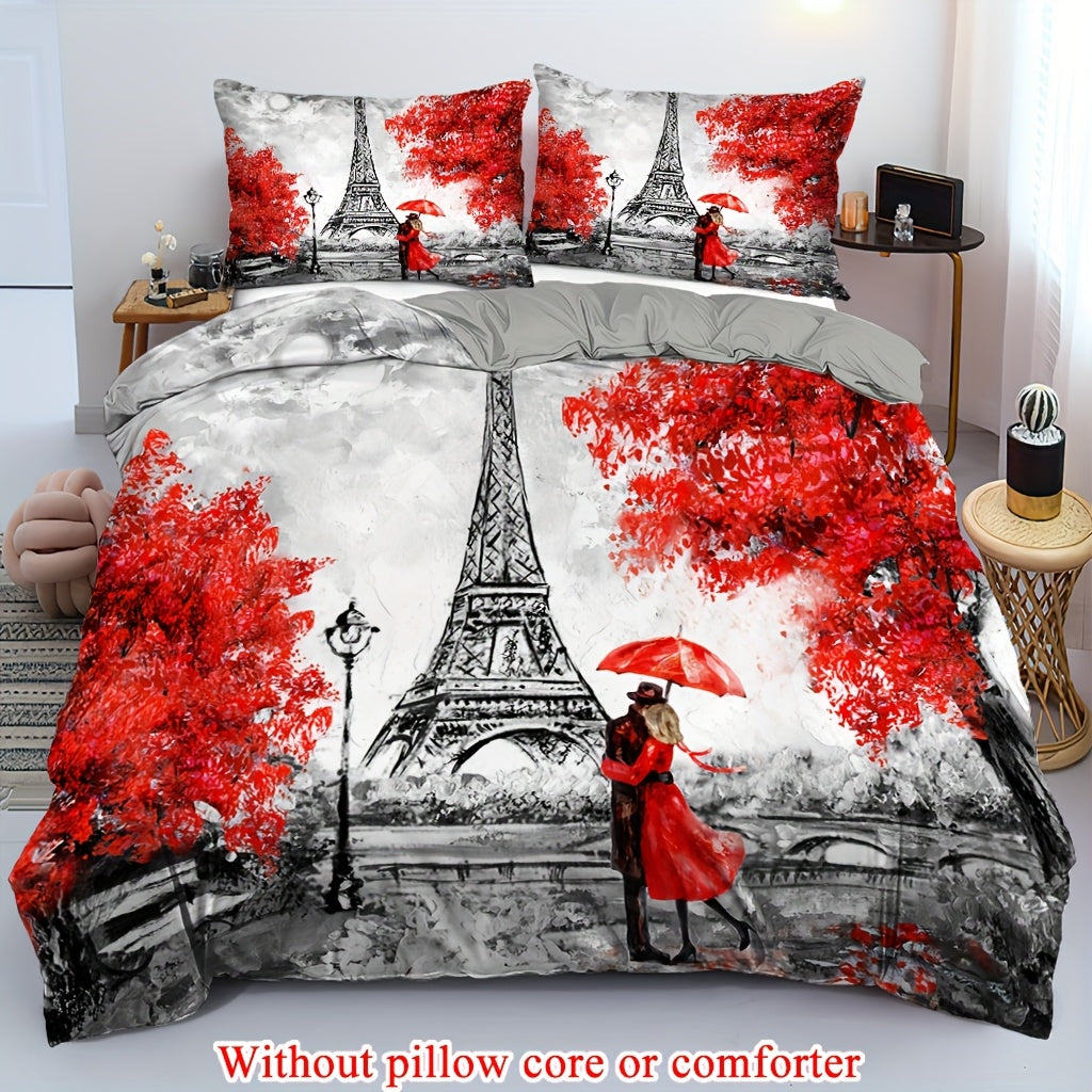 2/3pcs (1 Duvet Cover + 1/2 Pillowcase, Without Core) Red Petals Romantic France Paris Eiffel Tower Valentine'S Day Rainy Romantic Couple Print Soft Comfortable Bedding Set for Bedroom Dorm Room Family Gift