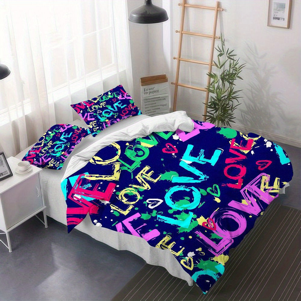 3pcs Modern Love Pattern Bedding Set - Graffiti Design Duvet Cover with Pillowcases, Navy Blue & Multicolor Love Lettering, Soft Microfiber All-Season Bedding for Teen Room Decor, 1 Duvet Cover + 2 Pillowcases, Machine Washable Zipper Closure, Digital