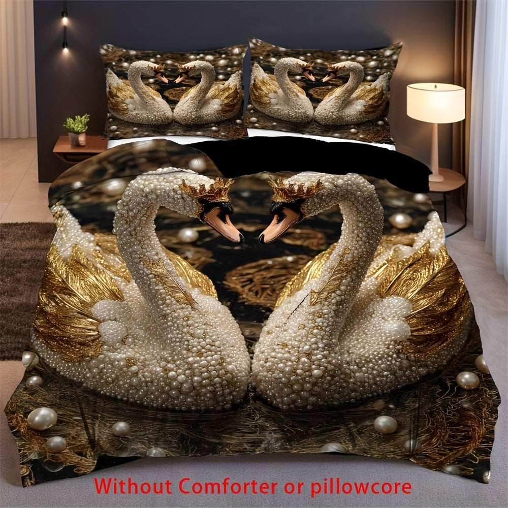 2/3pcs Crown Swan Duvet Cover Set, (1 Duvet Cover + 1/2 Pillowcase, Without Core) Romantic Pearl Swan Print Soft Comfortable Bedding Set for couples, for All Season, Bedroom Dorm Room Family Gift