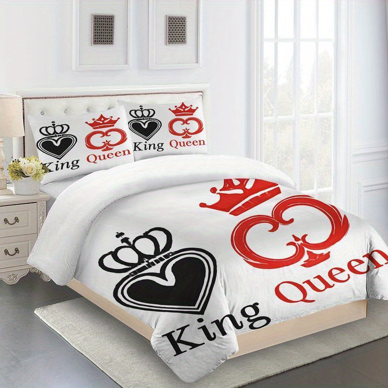 3pcs King Queen Crown Couple Bedding Set White Black Red Royal Pattern Duvet Cover Pillowcase, Romantic Wedding Anniversary Gift Soft Microfiber Sheet Modern Home Bedroom Decoration (1 Duvet Cover + 2 Pillowcases)
