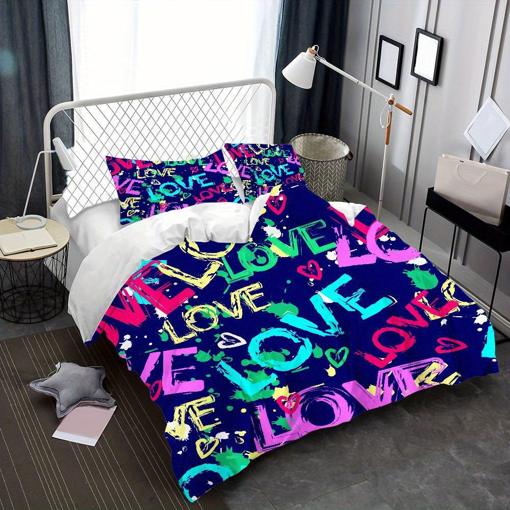 3pcs Modern Love Pattern Bedding Set - Graffiti Design Duvet Cover with Pillowcases, Navy Blue & Multicolor Love Lettering, Soft Microfiber All-Season Bedding for Teen Room Decor, 1 Duvet Cover + 2 Pillowcases, Machine Washable Zipper Closure, Digital