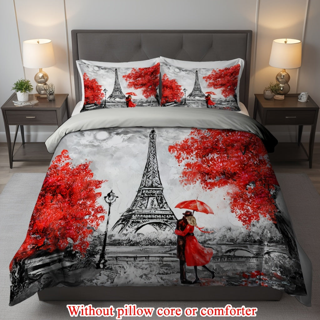 2/3pcs (1 Duvet Cover + 1/2 Pillowcase, Without Core) Red Petals Romantic France Paris Eiffel Tower Valentine'S Day Rainy Romantic Couple Print Soft Comfortable Bedding Set for Bedroom Dorm Room Family Gift