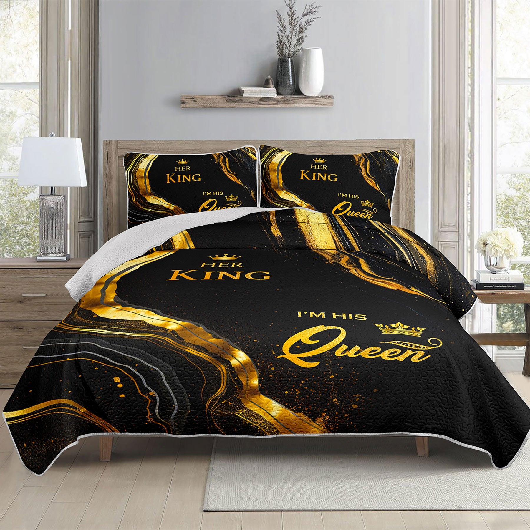 3pcs King Queen Bed cover setLuxury Golden Marble Quilt SetCouple Bedroom Decor Four Seasons (1Quilt+2Pillowcase)