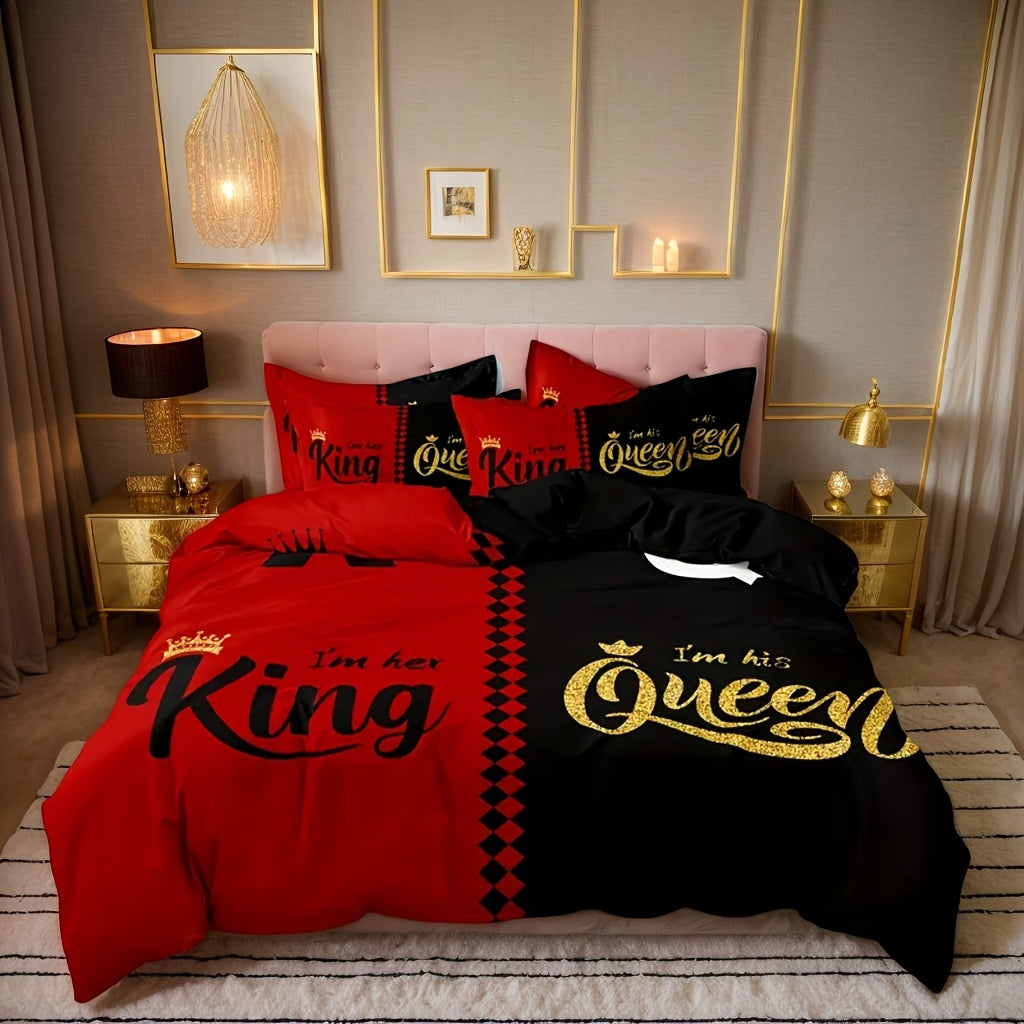 3pcs Valentine'S Day Bedding Set - Black & Red King & Queen Theme, Super Soft 100% Polyester, Digitally Printed With Golden Crown, Includes 1 Duvet Cover And 2 Pillowcases, No Filling - Perfect For Couples, Bedroom And Guest Room Decor