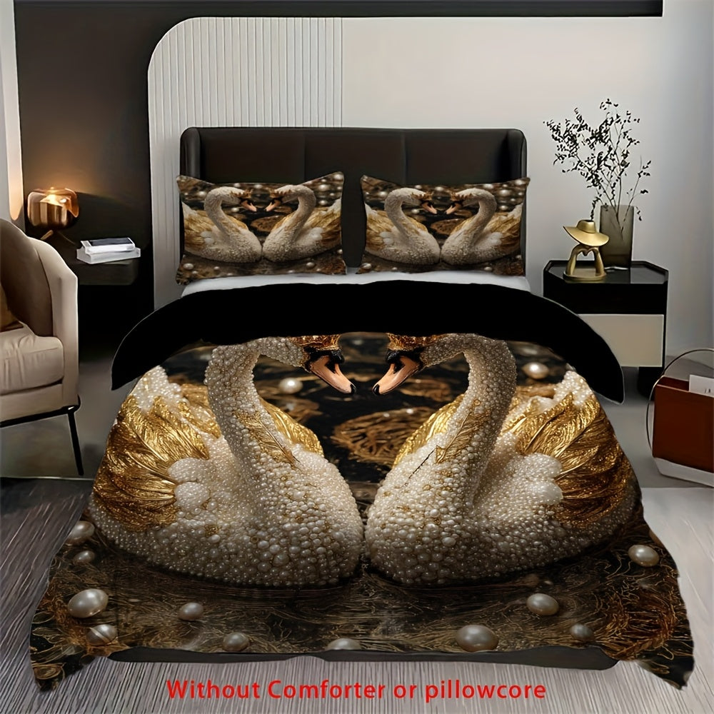 2/3pcs Crown Swan Duvet Cover Set, (1 Duvet Cover + 1/2 Pillowcase, Without Core) Romantic Pearl Swan Print Soft Comfortable Bedding Set for couples, for All Season, Bedroom Dorm Room Family Gift