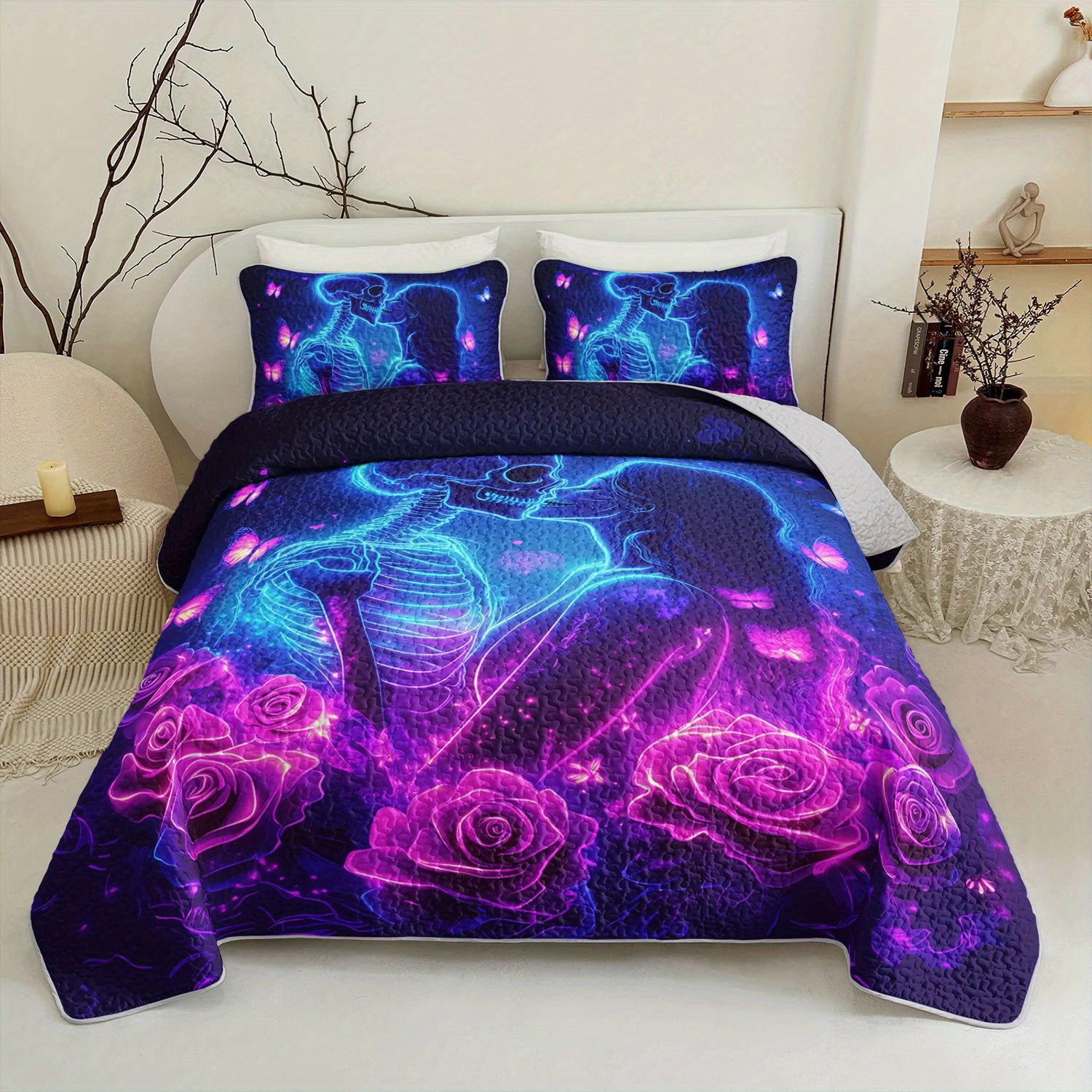 3pcs Romantic Skeleton Couple Rose Butterfly Bed Cover Set - Neon Glowing Roses Quilt, Bohemian Bedroom Decor, Four Seasons, 1 Quilt + 2 Pillowcases, Polyester, Machine Washable, Digital Print, 250-300gsm, Bedroom Decor And Accessories