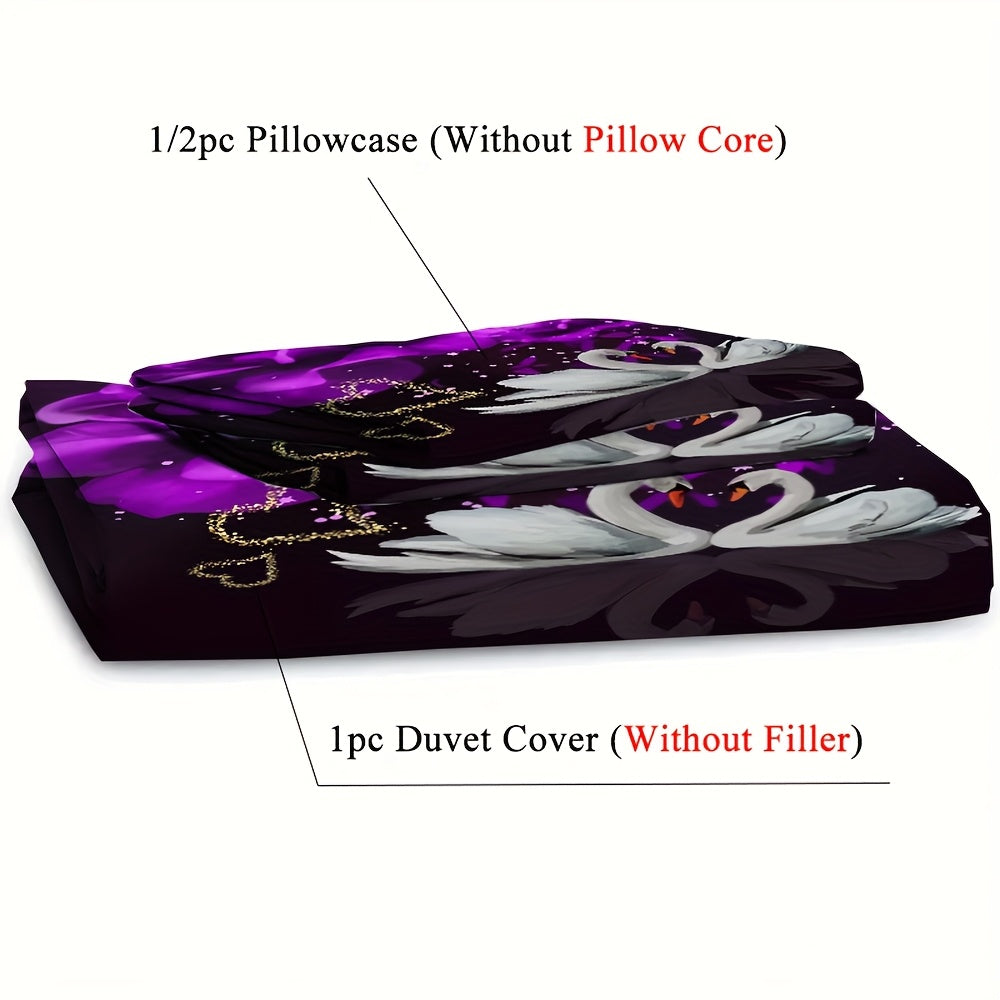 2/3pcs Couple Love Swan Purple Flower Print Duvet Cover Set (1 Duvet Cover + 1/2 Pillowcase, Without Core), Fashion Romantic Valentine's Day Bedding Set, for Bedroom, Dorm, Guest Room Home Decor