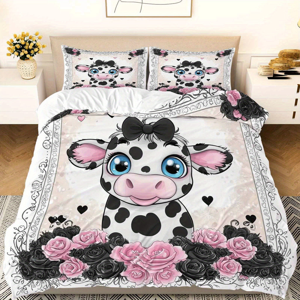 3pcs Duvet Cover Set, 1 Duvet+2 Pillowcases(Without filler), Pink Black Rose Cow Pattern theme, Valentine's bedding set, Elegant Romantic Suitable for decoration Bedroom Guestroom Wedding Room Holiday House, Holiday Decoration, Home Styling, Stylish
