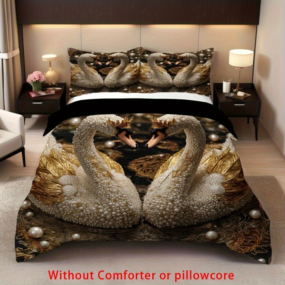 2/3pcs Crown Swan Duvet Cover Set, (1 Duvet Cover + 1/2 Pillowcase, Without Core) Romantic Pearl Swan Print Soft Comfortable Bedding Set for couples, for All Season, Bedroom Dorm Room Family Gift
