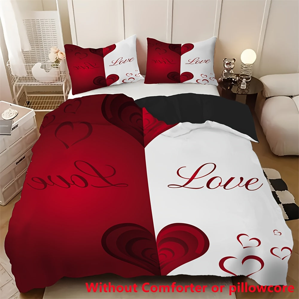 2/3pcs Red and White Heart Print Duvet Cover Set (1 Duvet Cover + 1/2 Pillowcase, Without Core), Couple Valentine'S Day Romantic Heart Soft Comfortable Duvet Cover, For Bedroom, Guest Room Home Decoration