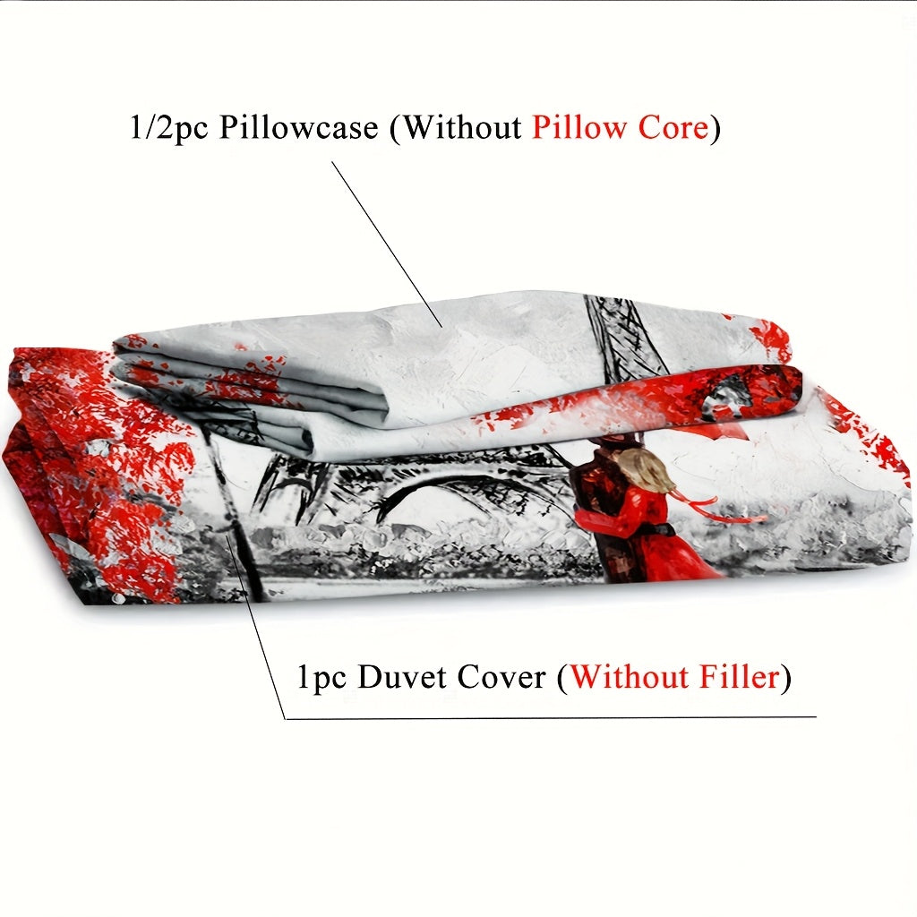 2/3pcs (1 Duvet Cover + 1/2 Pillowcase, Without Core) Red Petals Romantic France Paris Eiffel Tower Valentine'S Day Rainy Romantic Couple Print Soft Comfortable Bedding Set for Bedroom Dorm Room Family Gift