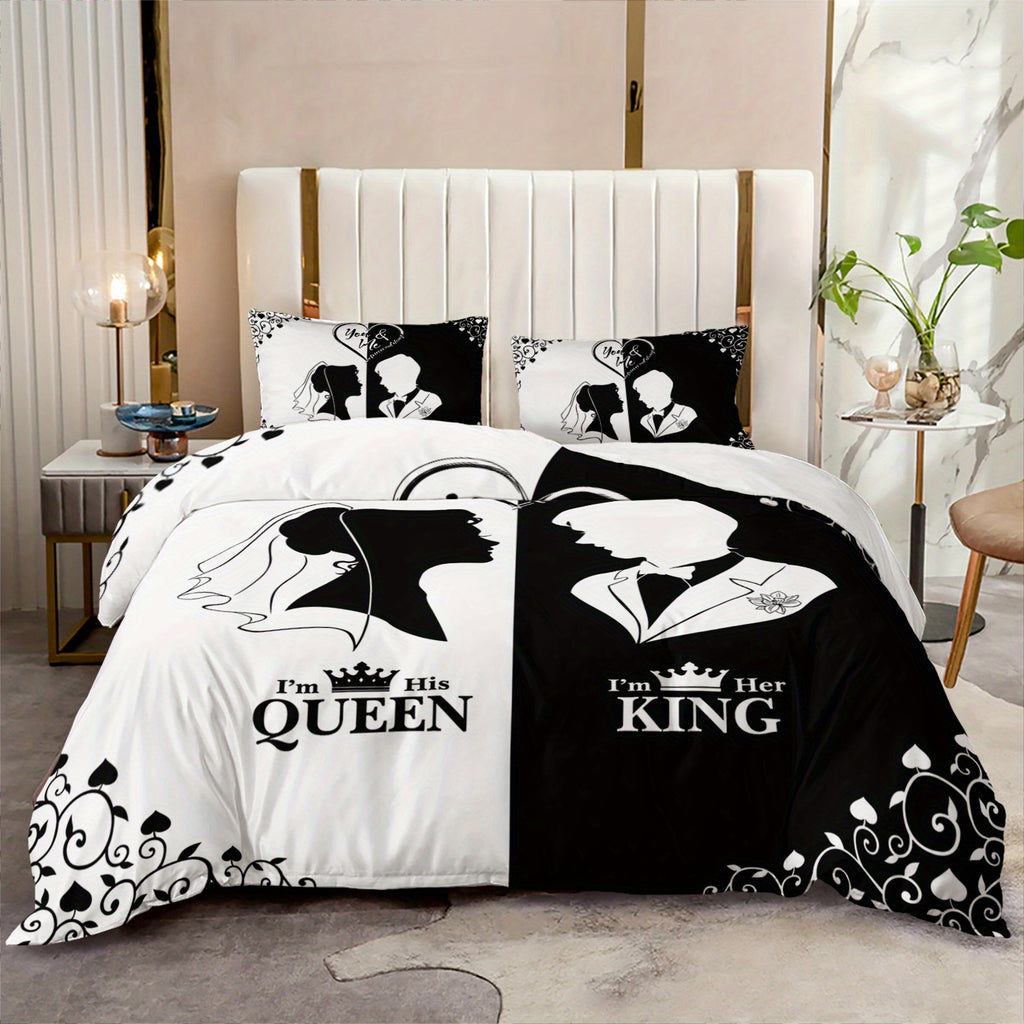 3pcs King Queen Couple 3D Digital Printed Duvet Cover Set Wedding Bedding Set for Four Season Black and White Bedding for Bedroom or Guest Room Decor Polyester Comforter Cover Gift 1 Quilt Cover+2 Pillowcases