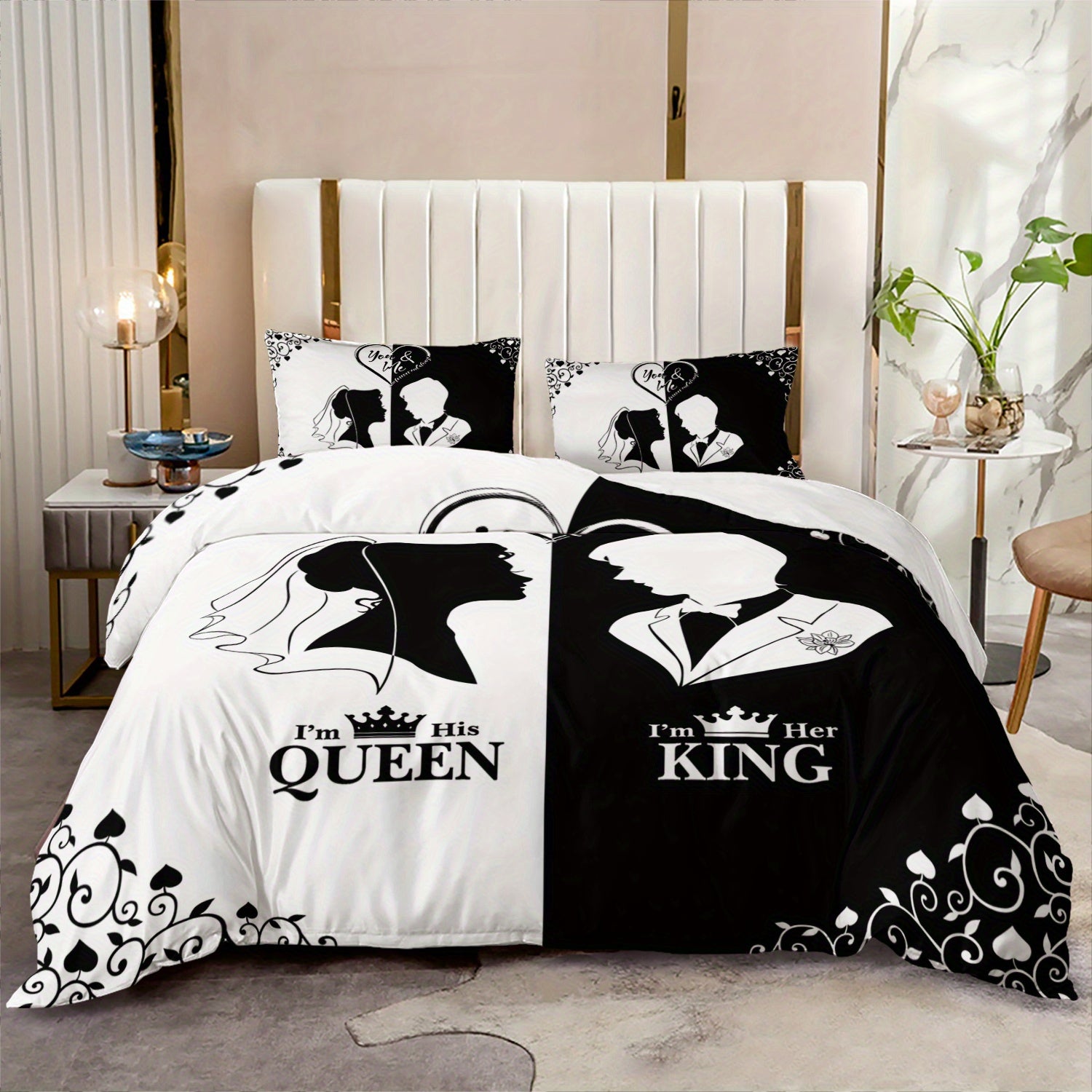 3pcs King Queen Couple 3D Digital Printed Duvet Cover Set Wedding Bedding Set for Four Season Black and White Bedding for Bedroom or Guest Room Decor Polyester Comforter Cover Gift 1 Quilt Cover+2 Pillowcases