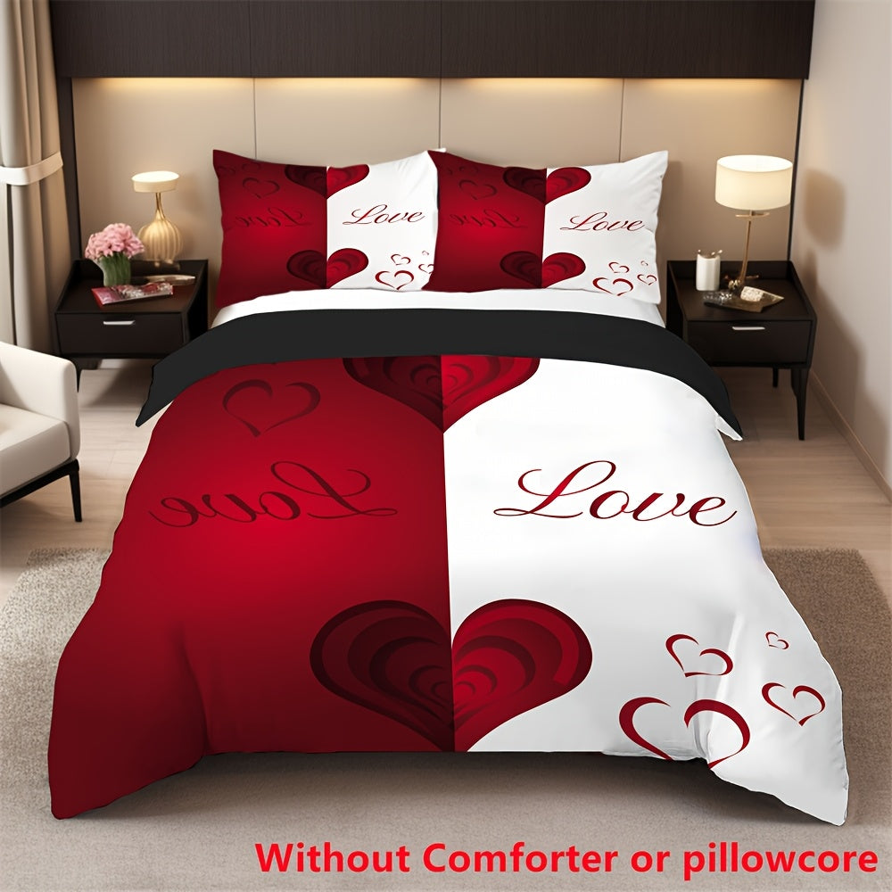 2/3pcs Red and White Heart Print Duvet Cover Set (1 Duvet Cover + 1/2 Pillowcase, Without Core), Couple Valentine'S Day Romantic Heart Soft Comfortable Duvet Cover, For Bedroom, Guest Room Home Decoration
