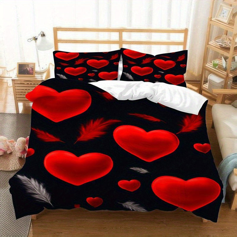 3pcs Romantic Heart Pattern Duvet Cover Bedding, Valentine Love Red Hearts Black Background Comforter with Pillowcases, Soft Breathable Microfiber Fabric, Modern Bedroom Decor for Couples Master Room (1 + 2 Pillow Cases)