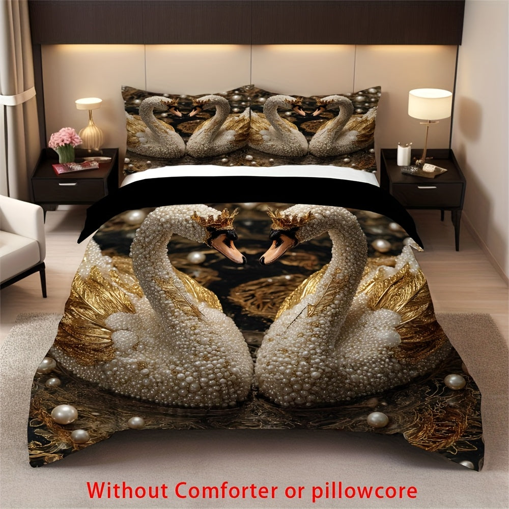 2/3pcs Crown Swan Duvet Cover Set, (1 Duvet Cover + 1/2 Pillowcase, Without Core) Romantic Pearl Swan Print Soft Comfortable Bedding Set for couples, for All Season, Bedroom Dorm Room Family Gift