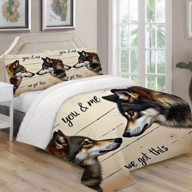3pcs Wild Wolf Couple Printed Bedding Romantic Quote Design Duvet Cover, Rustic Country Style Bedroom Decor, Soft Microfiber Quilt for Master Guest Room Home, Beige Brown Color 1 Duvet Cover+2 Pillowcases, Home Decoration, Cozy Bedroom, Romantic Design,