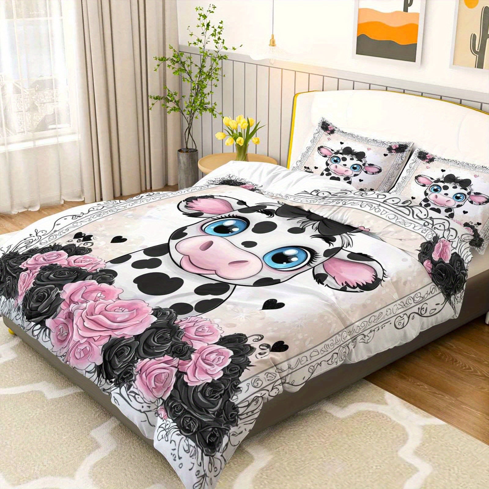 3pcs Duvet Cover Set, 1 Duvet+2 Pillowcases(Without filler), Pink Black Rose Cow Pattern theme, Valentine's bedding set, Elegant Romantic Suitable for decoration Bedroom Guestroom Wedding Room Holiday House, Holiday Decoration, Home Styling, Stylish