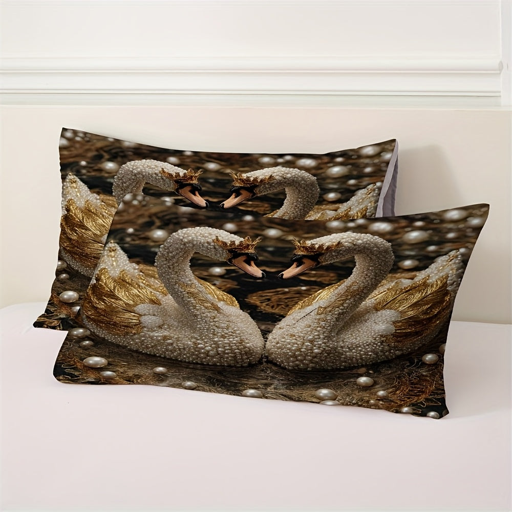 2/3pcs Crown Swan Duvet Cover Set, (1 Duvet Cover + 1/2 Pillowcase, Without Core) Romantic Pearl Swan Print Soft Comfortable Bedding Set for couples, for All Season, Bedroom Dorm Room Family Gift
