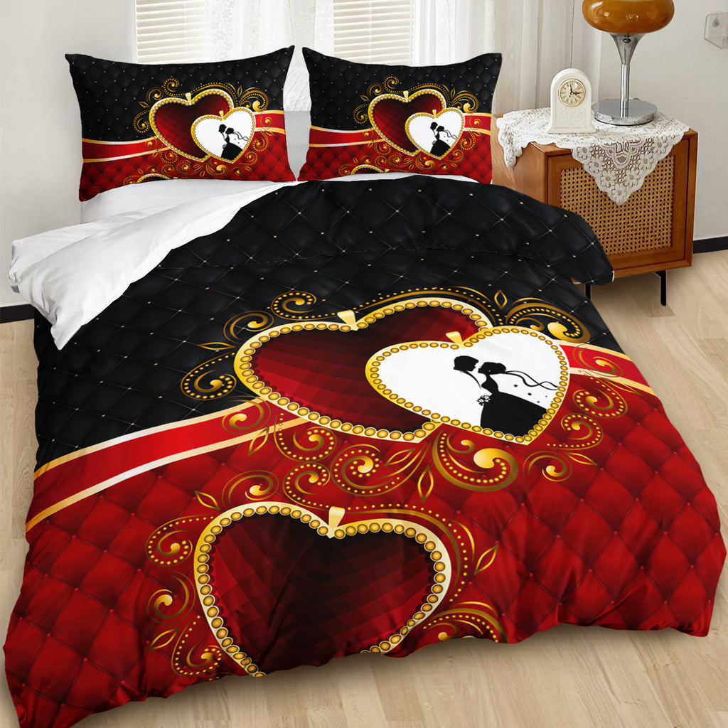 3pcs Romantic Couple Hearts 3D Digital Printed Duvet Cover Set Wedding Bedding Set for Four Season Red Bedding for Bedroom or Guest Room Decor Polyester Comforter Cover Gift 1 Quilt Cover+2 Pillowcases