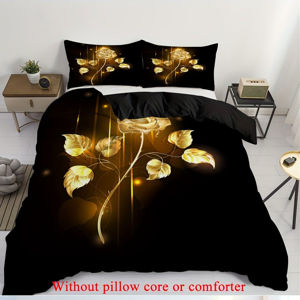 2/3pcs (1 Duvet Cover + 1/2 Pillowcase, Without Core) Golden Rose Flowers Romantic Valentine's Day Branch Flower Garden Couple Print Soft Comfortable Bedding Set for Bedroom Dorm Room Family Gift