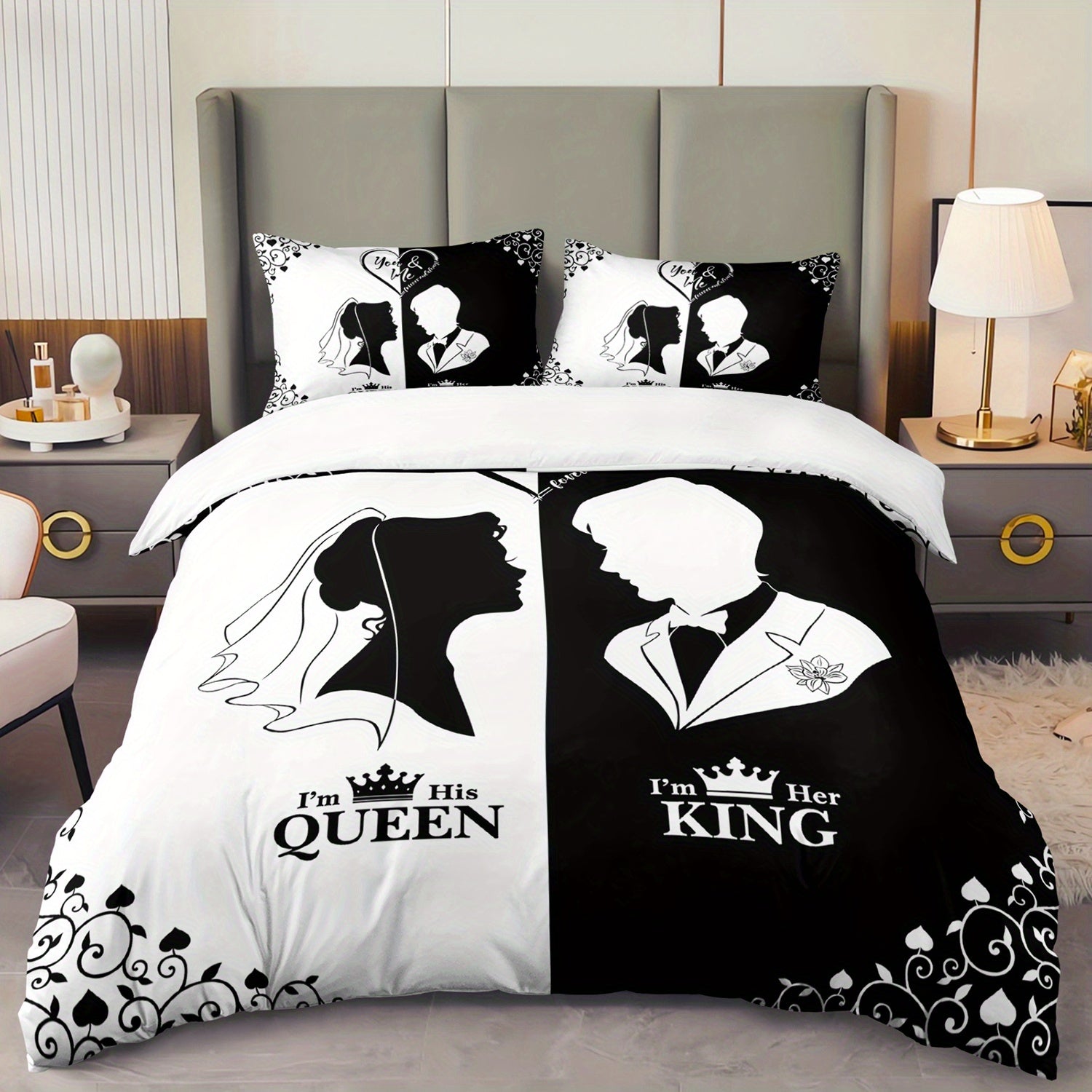 3pcs King Queen Couple 3D Digital Printed Duvet Cover Set Wedding Bedding Set for Four Season Black and White Bedding for Bedroom or Guest Room Decor Polyester Comforter Cover Gift 1 Quilt Cover+2 Pillowcases