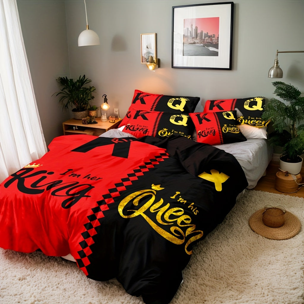 3pcs Valentine'S Day Bedding Set - Black & Red King & Queen Theme, Super Soft 100% Polyester, Digitally Printed With Golden Crown, Includes 1 Duvet Cover And 2 Pillowcases, No Filling - Perfect For Couples, Bedroom And Guest Room Decor