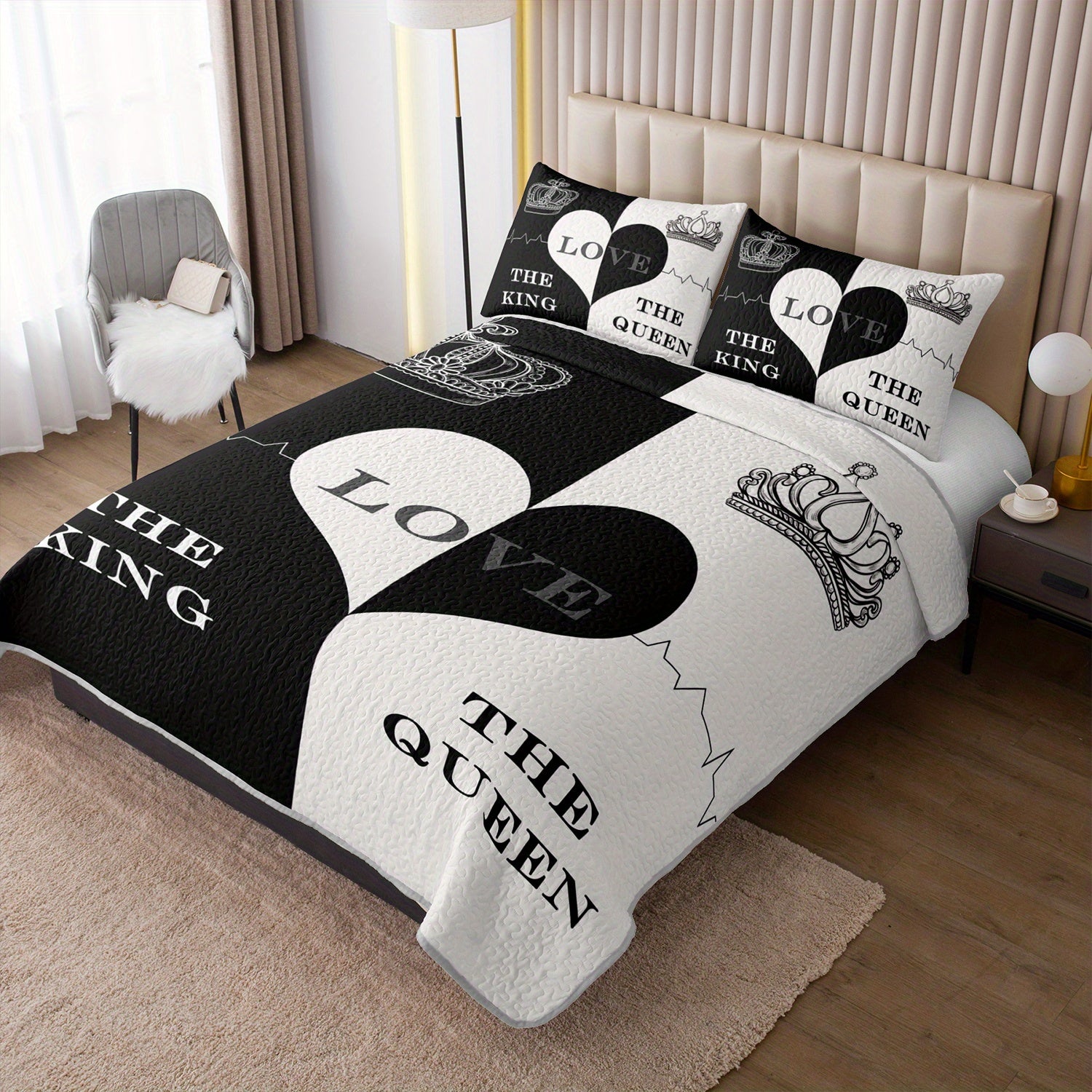 King Queen Love Heart Black White Quilted Duvet Set - Romantic King & Queen Lettering with Hearts & Crowns, Soft Microfiber Comforter & Pillowcases, All-Season Luxury Bedding for Couples, Ideal Gift (1 Comforter + 2 Pillowcases)