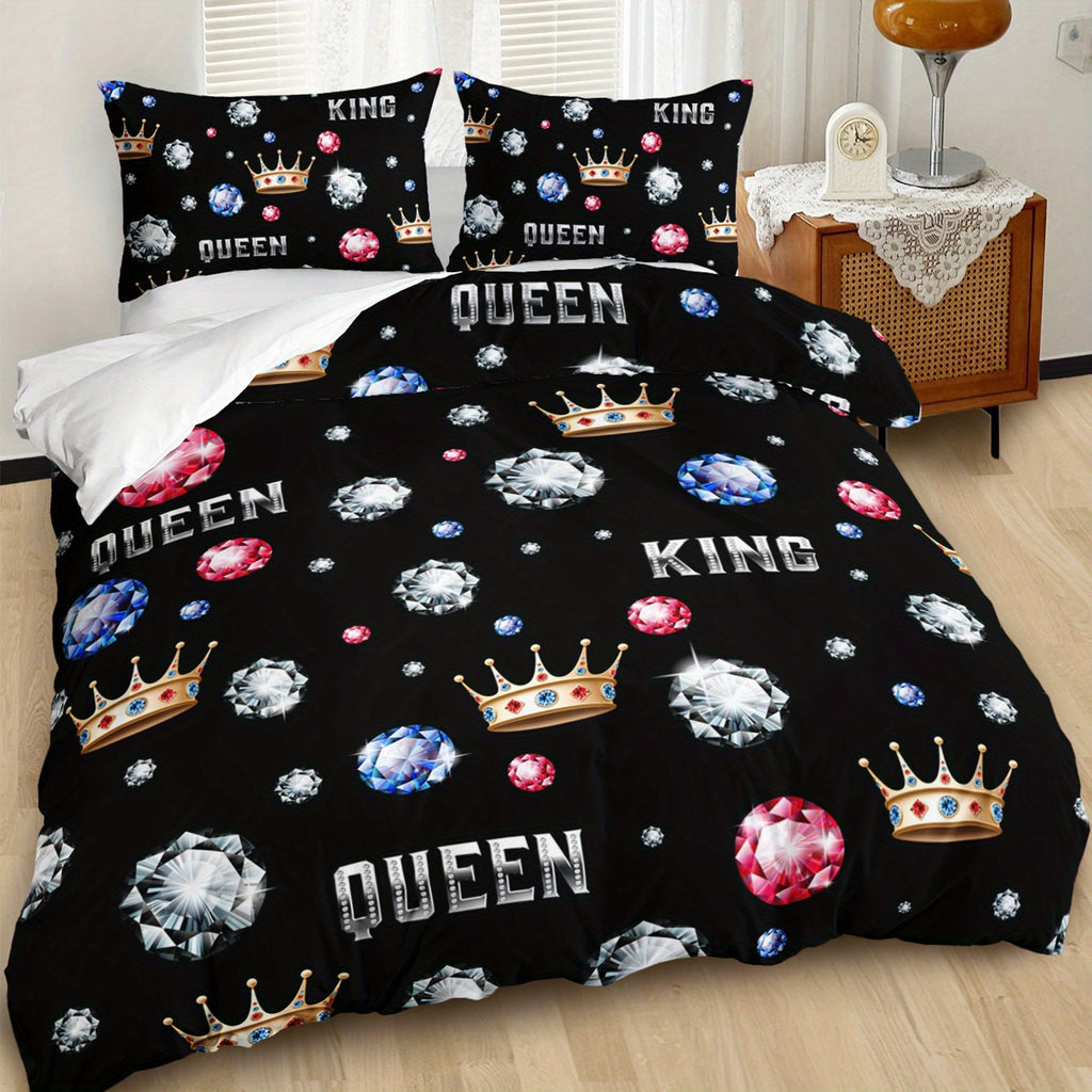 3pcs King Queen Crowns and Diamonds 3D Digital Printed Duvet Cover Set Romantic Couple Bedding Set for Four Season Queen Size Black Bedding for Bedroom or Guest Room Decor Polyester Comforter Cover Gift 1 Quilt Cover+2 Pillowcases