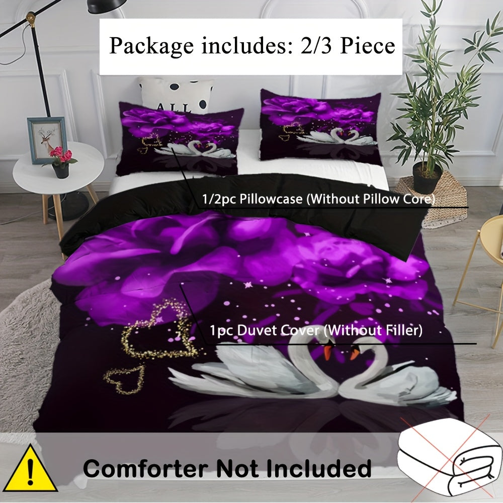 2/3pcs Couple Love Swan Purple Flower Print Duvet Cover Set (1 Duvet Cover + 1/2 Pillowcase, Without Core), Fashion Romantic Valentine's Day Bedding Set, for Bedroom, Dorm, Guest Room Home Decor