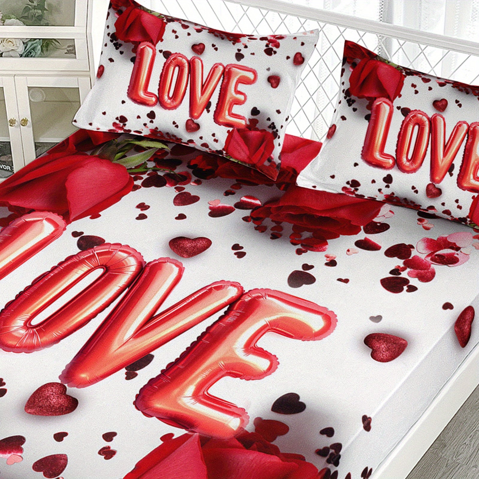 3pcs Romantic Rose Love Balloons Fitted Sheets Valentine's Day Bedding Set Couple Bedroom Decor Four Seasons (1Fitted Sheets + 2Pillowcases NO Flat Sheet)