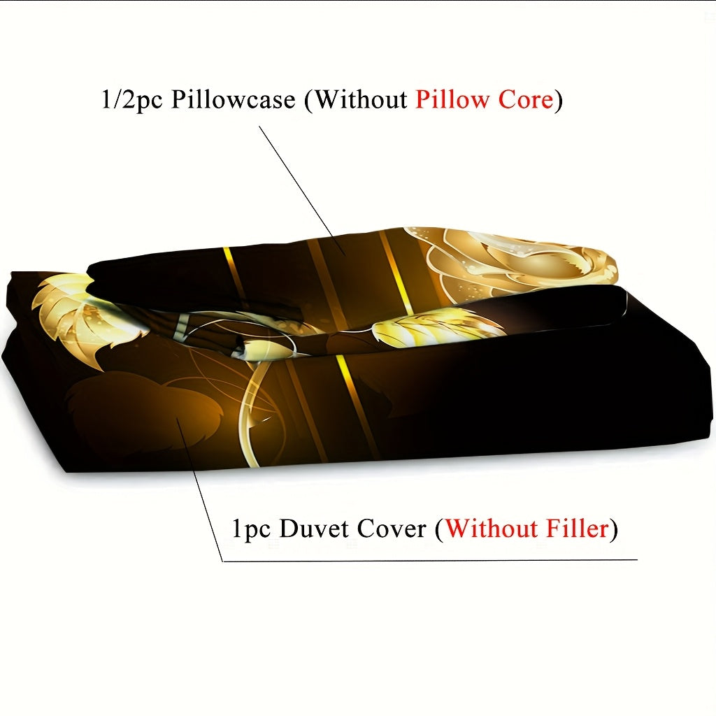 2/3pcs (1 Duvet Cover + 1/2 Pillowcase, Without Core) Golden Rose Flowers Romantic Valentine's Day Branch Flower Garden Couple Print Soft Comfortable Bedding Set for Bedroom Dorm Room Family Gift