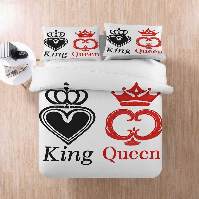 3pcs King Queen Crown Couple Bedding Set White Black Red Royal Pattern Duvet Cover Pillowcase, Romantic Wedding Anniversary Gift Soft Microfiber Sheet Modern Home Bedroom Decoration (1 Duvet Cover + 2 Pillowcases)