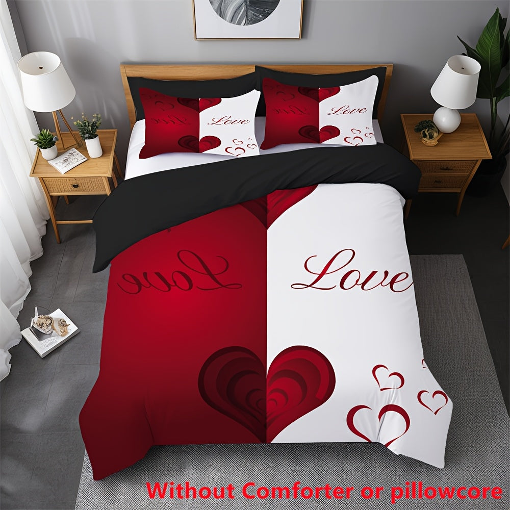 2/3pcs Red and White Heart Print Duvet Cover Set (1 Duvet Cover + 1/2 Pillowcase, Without Core), Couple Valentine'S Day Romantic Heart Soft Comfortable Duvet Cover, For Bedroom, Guest Room Home Decoration