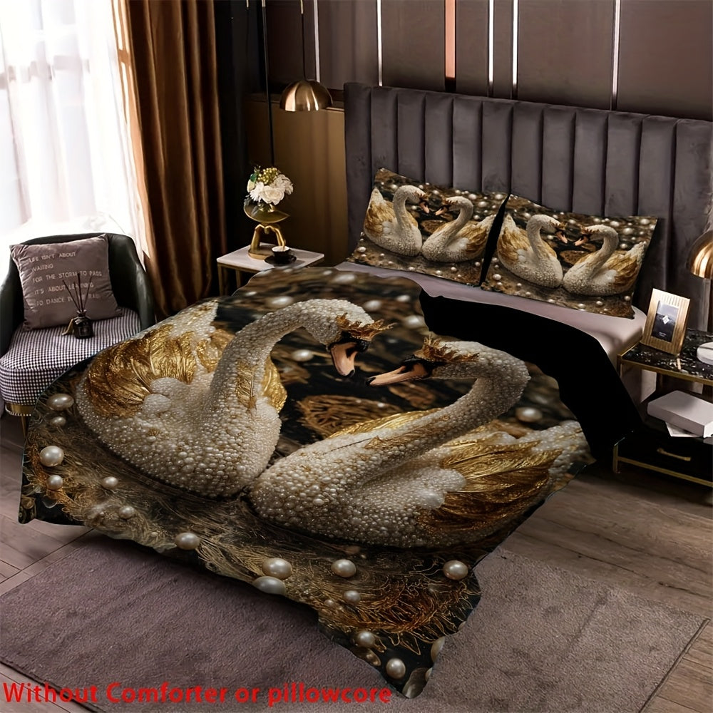 2/3pcs Crown Swan Duvet Cover Set, (1 Duvet Cover + 1/2 Pillowcase, Without Core) Romantic Pearl Swan Print Soft Comfortable Bedding Set for couples, for All Season, Bedroom Dorm Room Family Gift