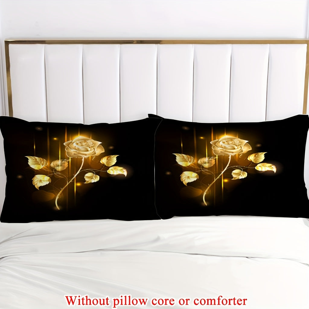 2/3pcs (1 Duvet Cover + 1/2 Pillowcase, Without Core) Golden Rose Flowers Romantic Valentine's Day Branch Flower Garden Couple Print Soft Comfortable Bedding Set for Bedroom Dorm Room Family Gift