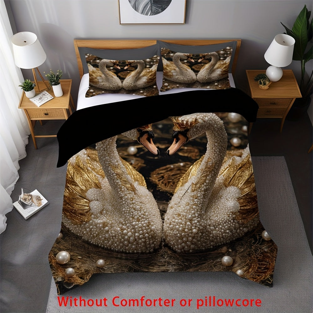 2/3pcs Crown Swan Duvet Cover Set, (1 Duvet Cover + 1/2 Pillowcase, Without Core) Romantic Pearl Swan Print Soft Comfortable Bedding Set for couples, for All Season, Bedroom Dorm Room Family Gift