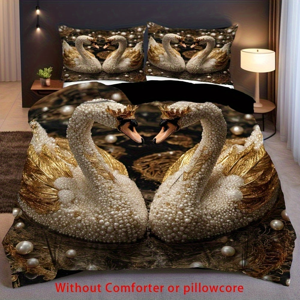 2/3pcs Crown Swan Duvet Cover Set, (1 Duvet Cover + 1/2 Pillowcase, Without Core) Romantic Pearl Swan Print Soft Comfortable Bedding Set for couples, for All Season, Bedroom Dorm Room Family Gift