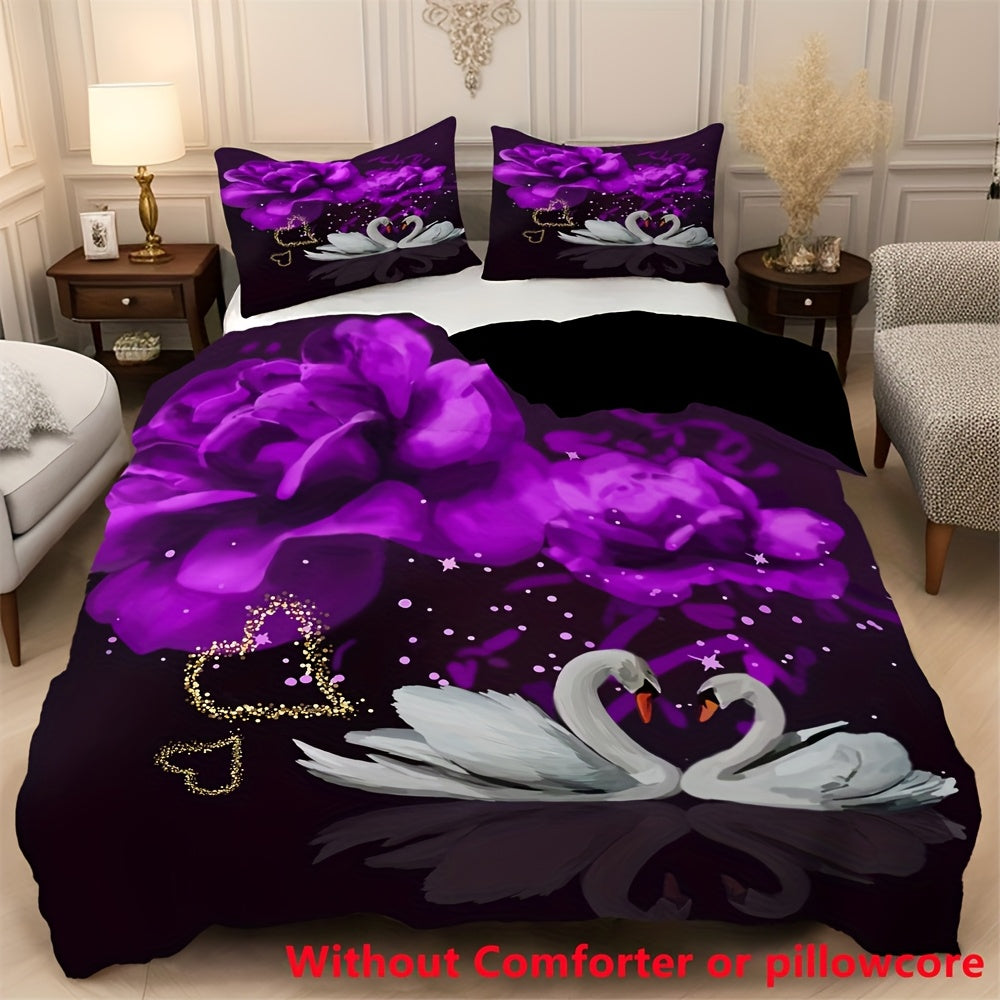 2/3pcs Couple Love Swan Purple Flower Print Duvet Cover Set (1 Duvet Cover + 1/2 Pillowcase, Without Core), Fashion Romantic Valentine's Day Bedding Set, for Bedroom, Dorm, Guest Room Home Decor