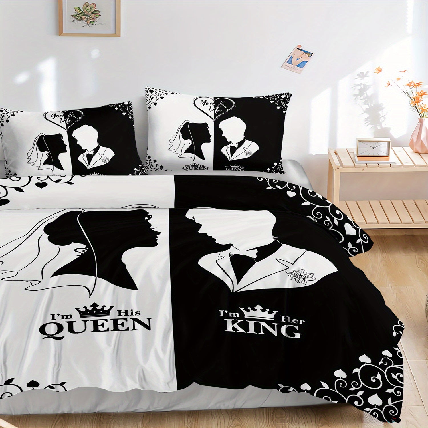 3pcs King Queen Couple 3D Digital Printed Duvet Cover Set Wedding Bedding Set for Four Season Black and White Bedding for Bedroom or Guest Room Decor Polyester Comforter Cover Gift 1 Quilt Cover+2 Pillowcases