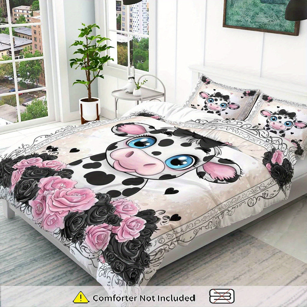 3pcs Duvet Cover Set, 1 Duvet+2 Pillowcases(Without filler), Pink Black Rose Cow Pattern theme, Valentine's bedding set, Elegant Romantic Suitable for decoration Bedroom Guestroom Wedding Room Holiday House, Holiday Decoration, Home Styling, Stylish