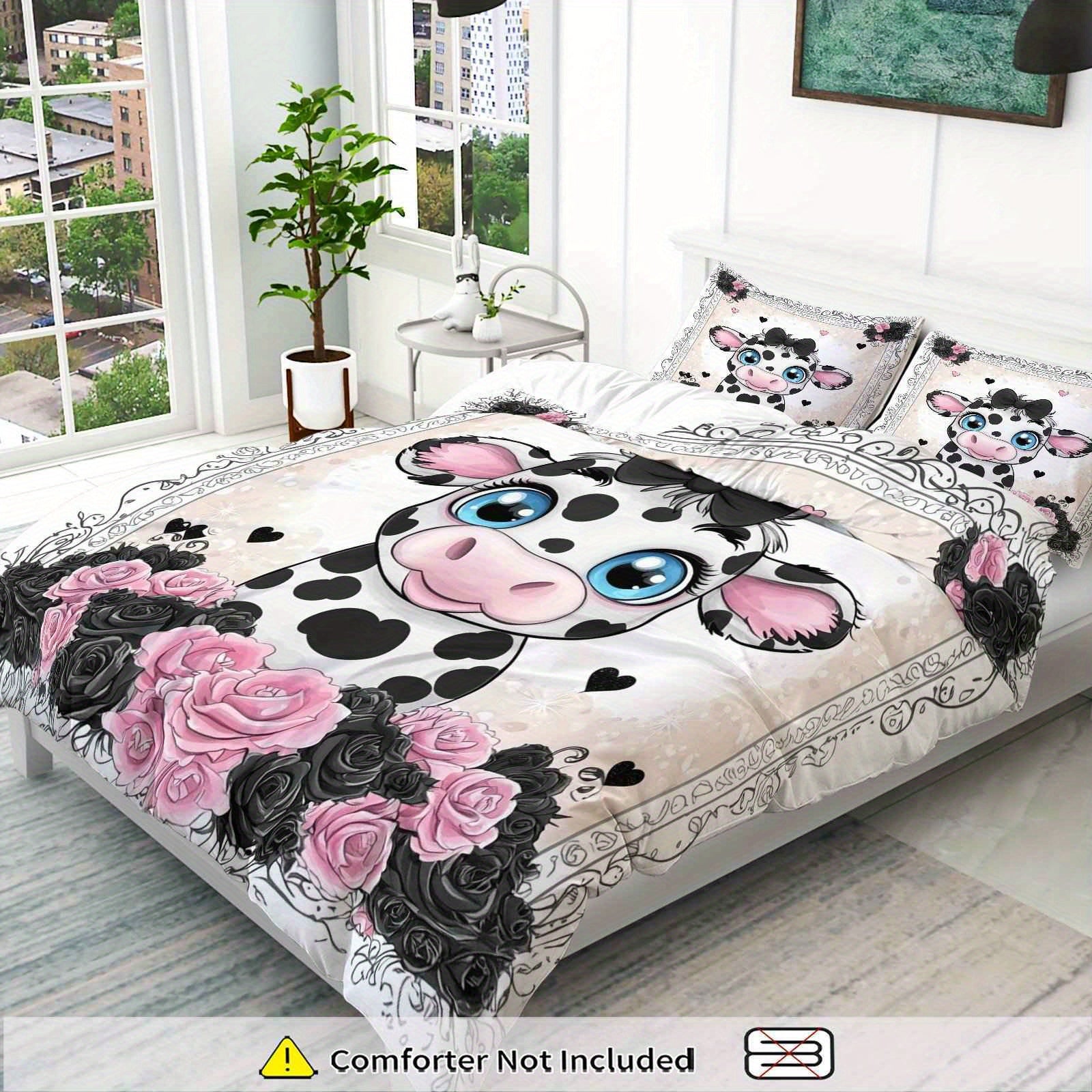 3pcs Duvet Cover Set, 1 Duvet+2 Pillowcases(Without filler), Pink Black Rose Cow Pattern theme, Valentine's bedding set, Elegant Romantic Suitable for decoration Bedroom Guestroom Wedding Room Holiday House, Holiday Decoration, Home Styling, Stylish