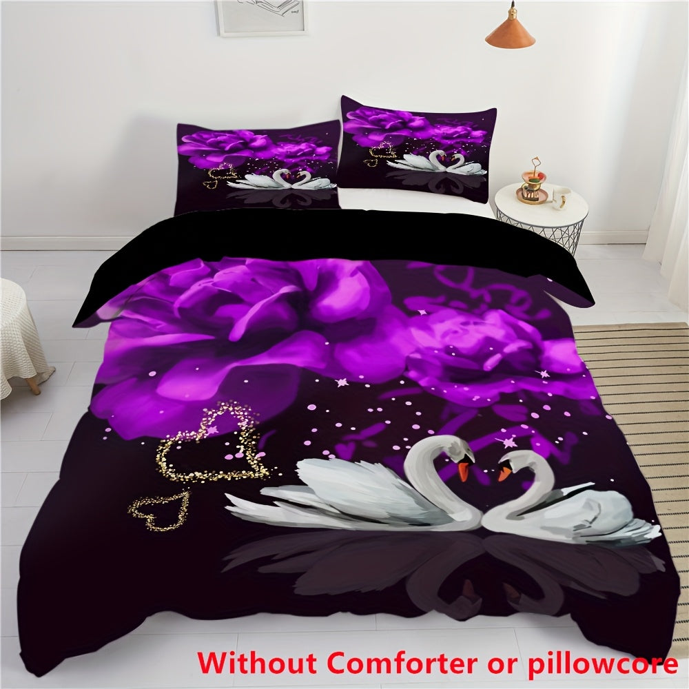 2/3pcs Couple Love Swan Purple Flower Print Duvet Cover Set (1 Duvet Cover + 1/2 Pillowcase, Without Core), Fashion Romantic Valentine's Day Bedding Set, for Bedroom, Dorm, Guest Room Home Decor
